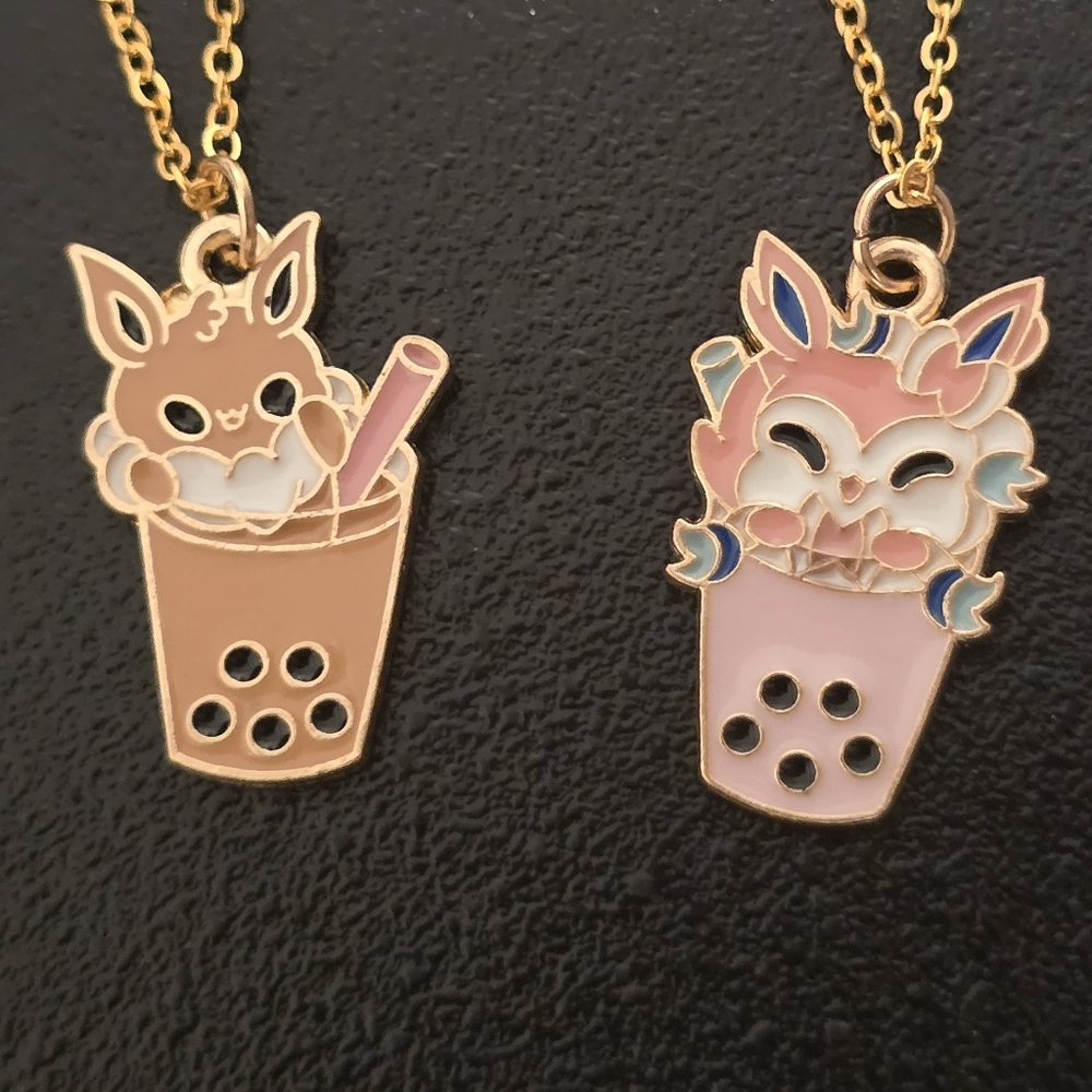 Eevee & Sylveon Bubble Tea Enamel Necklace Set